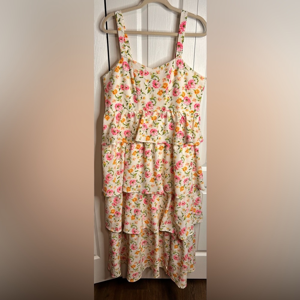 Arula Women’s White With Pink Flowers Floral Tiered Smocked Maxi Dress Size XL - Picture 1 of 7